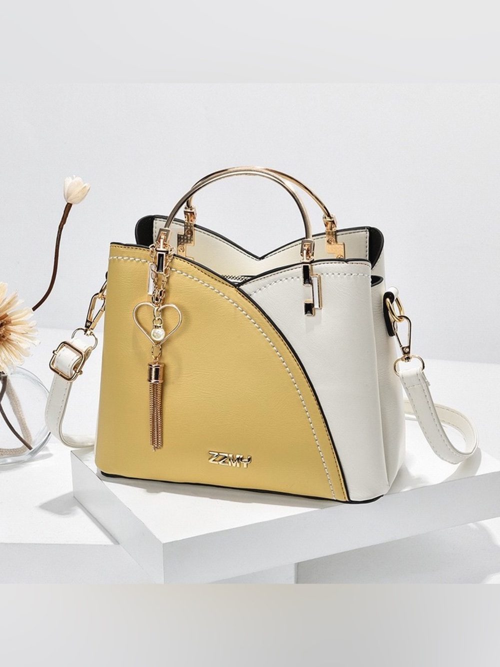 Two-Tone Yellow & White Women's Satchel with Heart Tassel